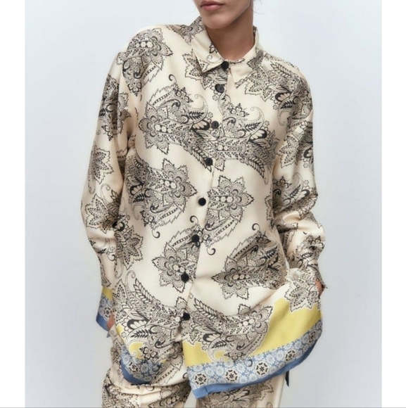 Zara Satin Paisley Print Button-Up Blouse Size Small - Picture 2 of 16